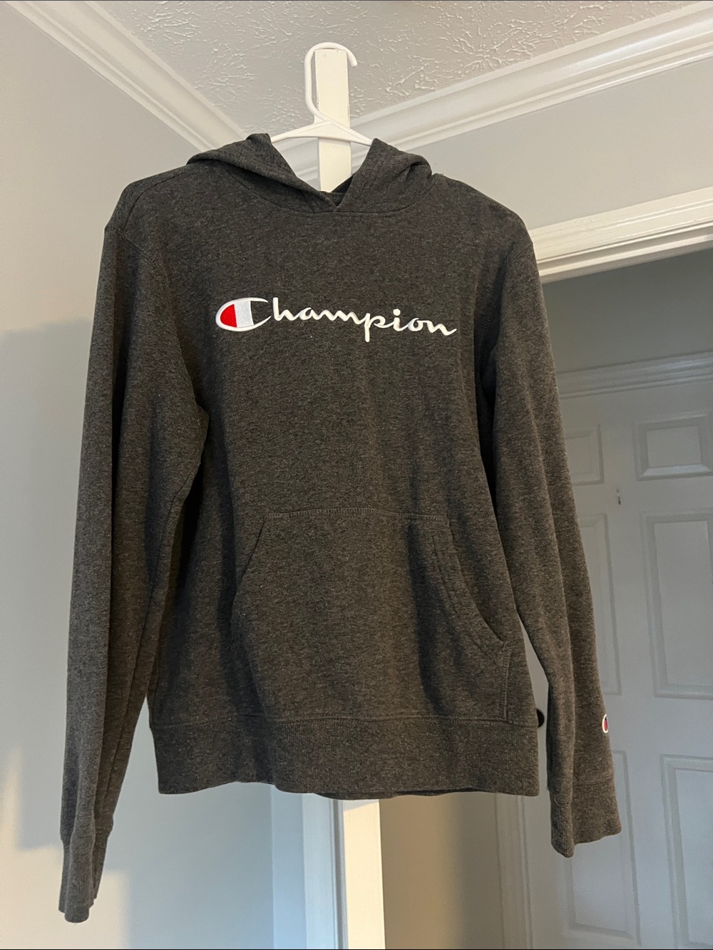 Boys Champion Charcoal Gray Pullover Hoodie with White & Red Logo